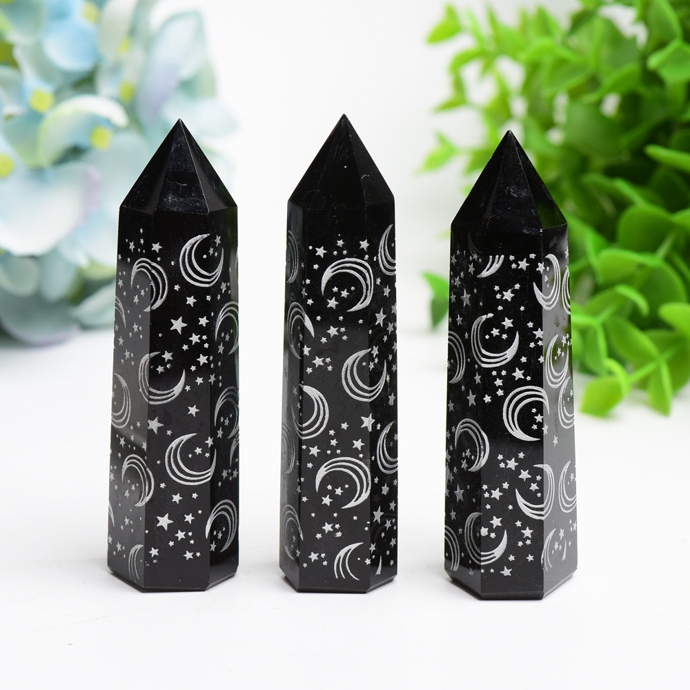 3.0-3.5 inch Black Obsidian Crystal Point with Silver Moon Star