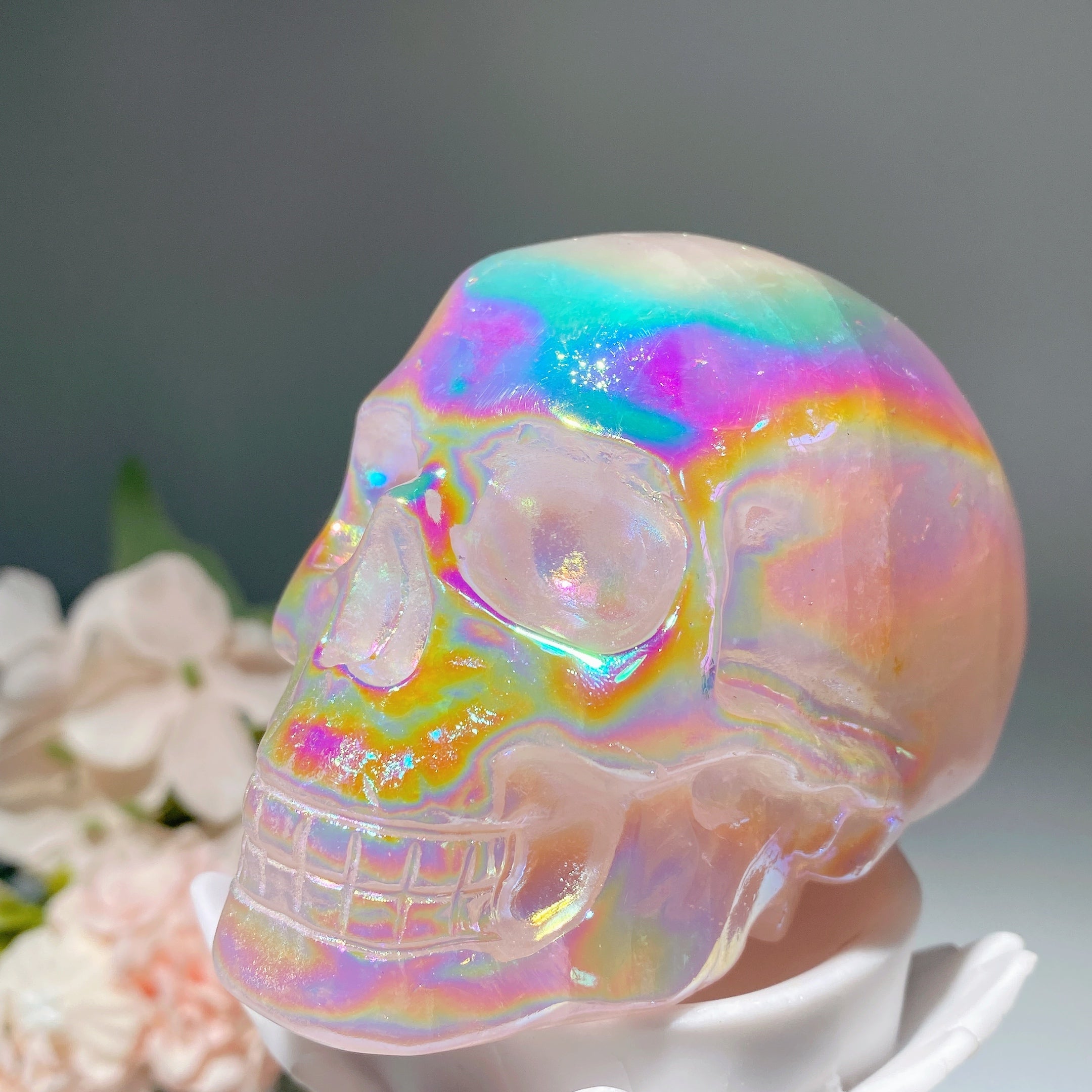 3.1" Aura Rose Quartz Crystal Skull Carving for Healing
