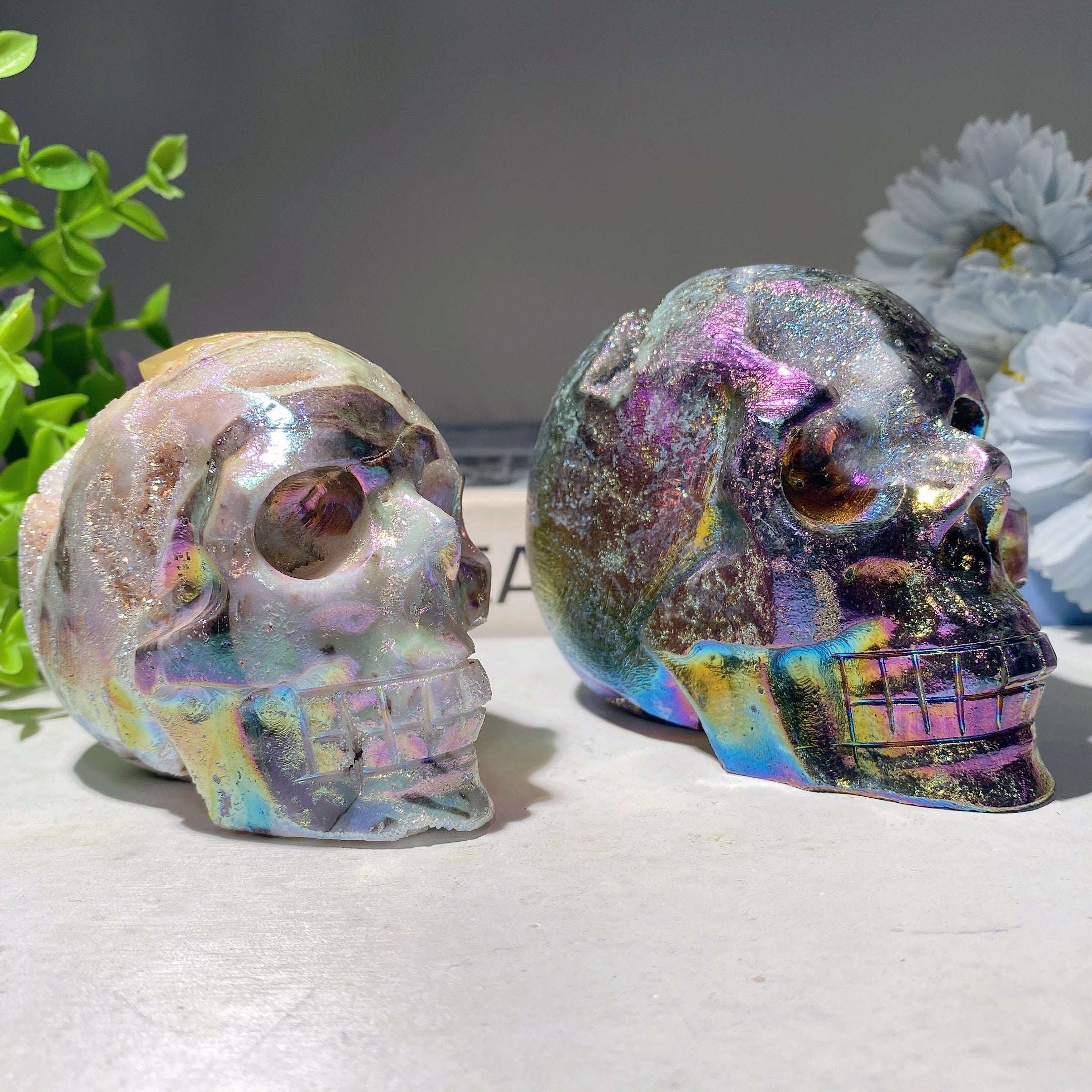 3.2-4.0" Aura Druzy Zinc Crystal Skull Carvings Healing