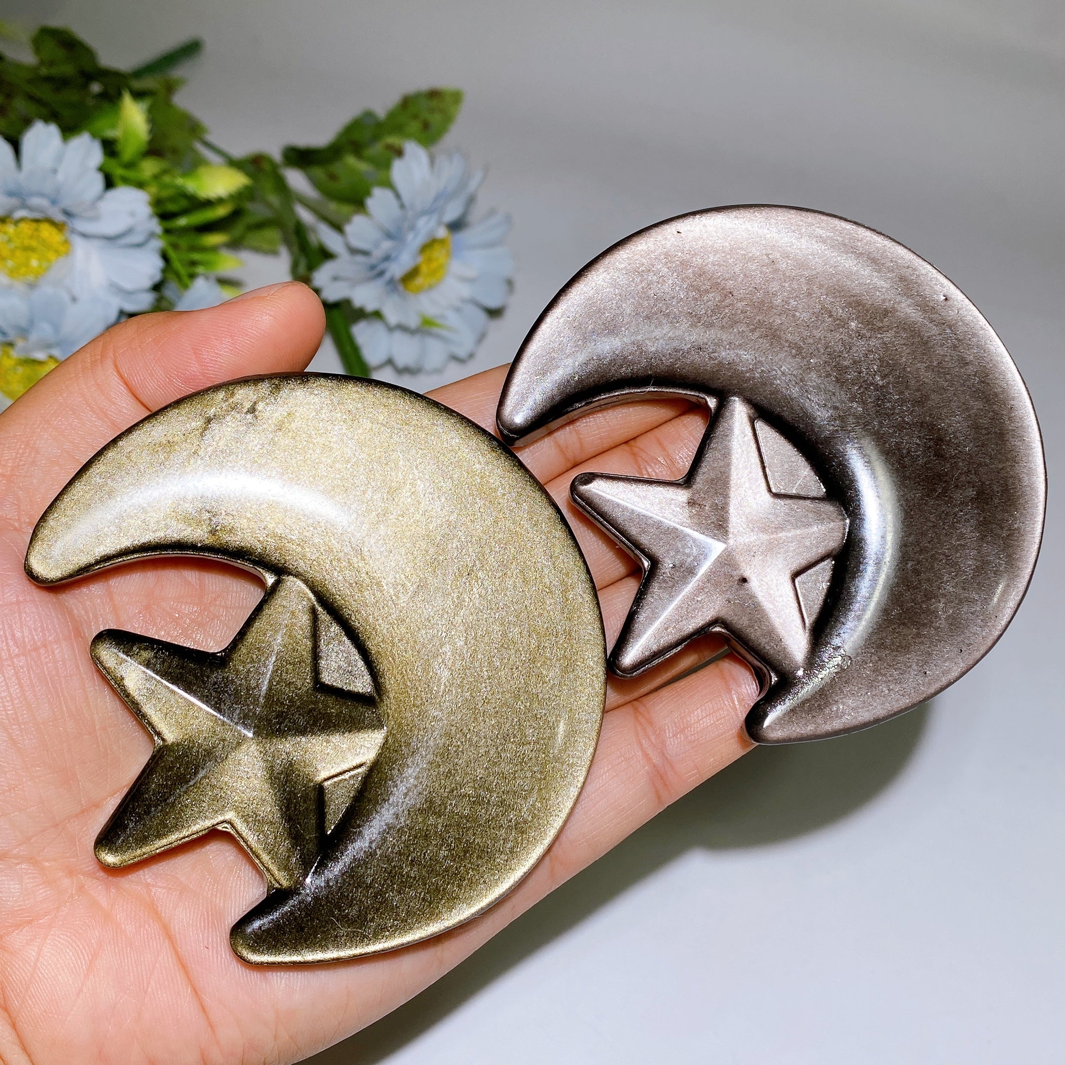 3,3 Zoll goldene Obsidian-Mond- und Sternkristallfigur