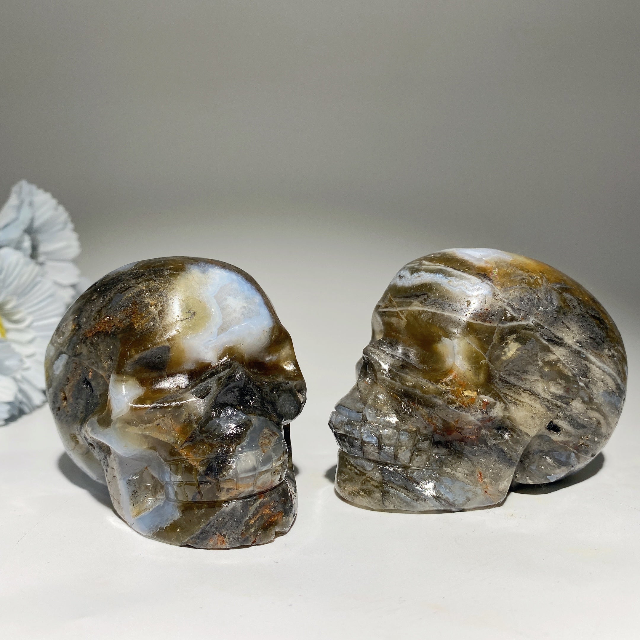 3.3 inch Moss Agate and Fluorite Crystal Skull Carving for Healing