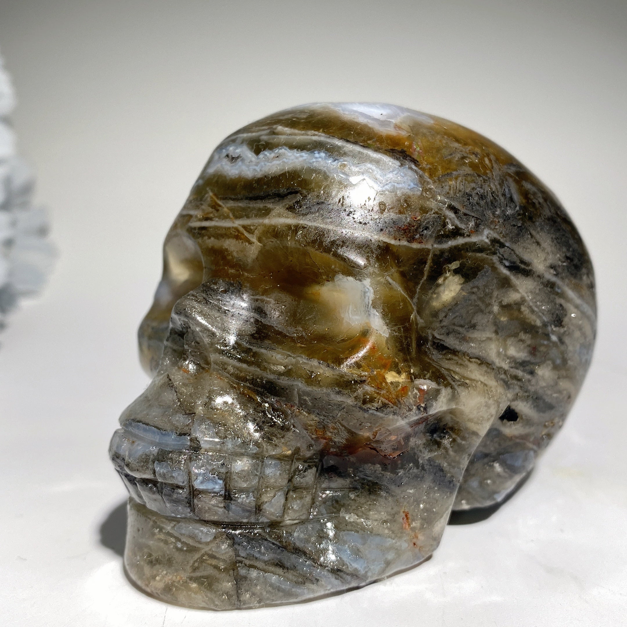 3.3 inch Moss Agate and Fluorite Crystal Skull Carving for Healing