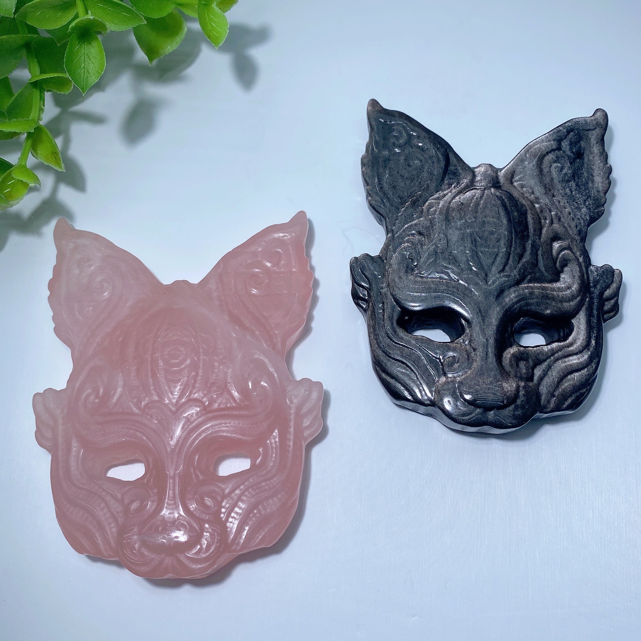 3,3 Zoll Rosenquarz & Obsidian Katzenmaske Kristallschnitzerei