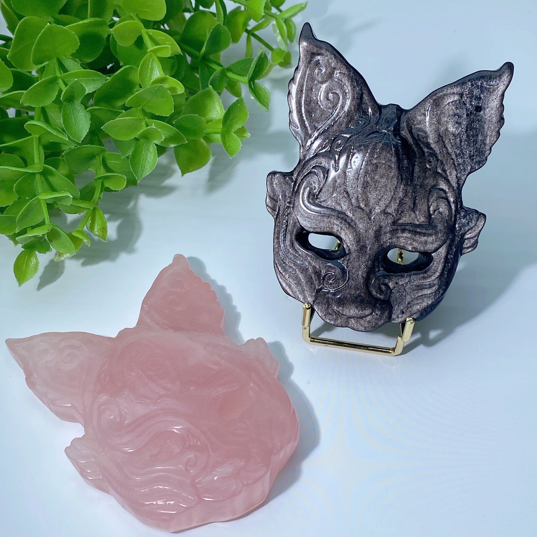 3,3 Zoll Rosenquarz & Obsidian Katzenmaske Kristallschnitzerei