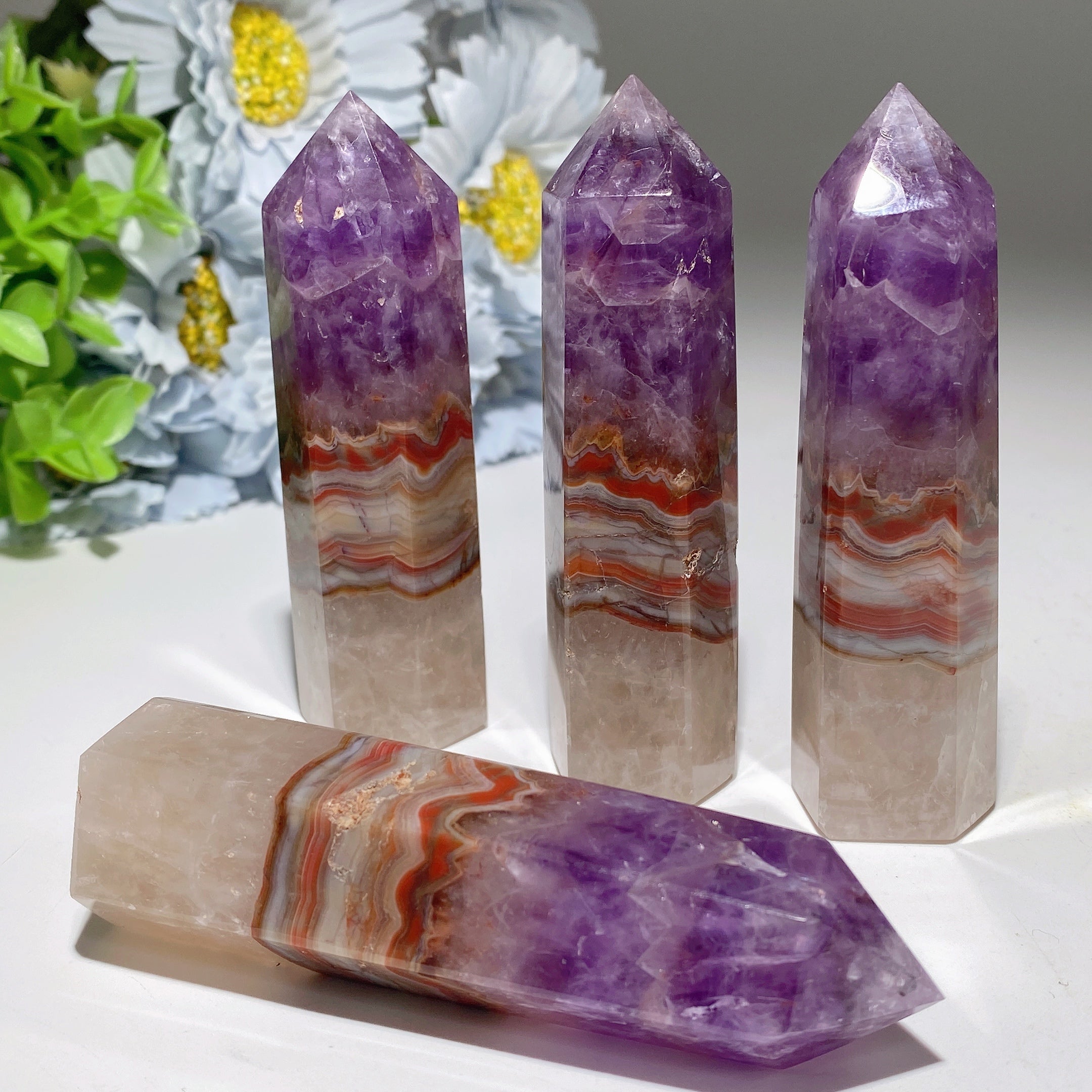 3,5"-3,8" gestreifte Achat- und Amethyst-Kristallspitze