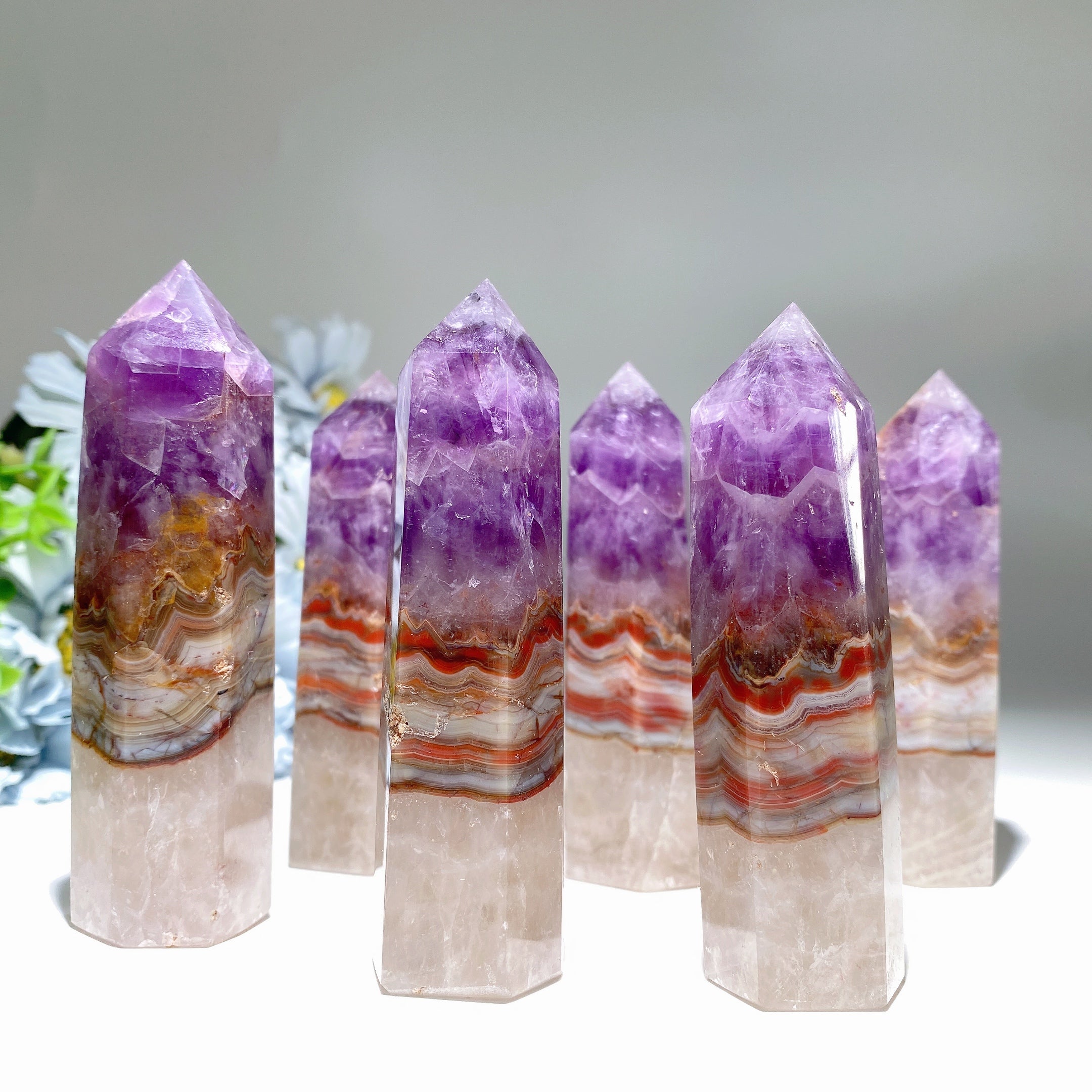 3,5"-3,8" gestreifte Achat- und Amethyst-Kristallspitze