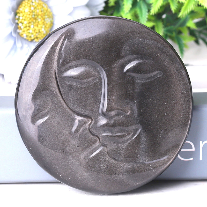 3,5 Zoll Silber Obsidian Sonne Mond Kristall Schnitzerei