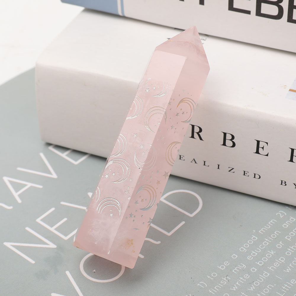 3.6 Inch Rose Quartz Crystal Point with Laser Engraved Moons