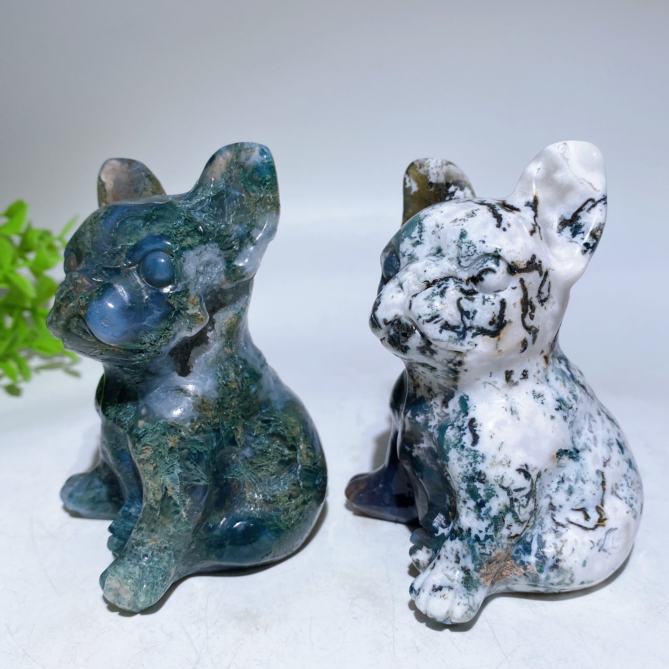 3,8" Moosachat-Hund & 4,5" Katzen-Kristallfiguren