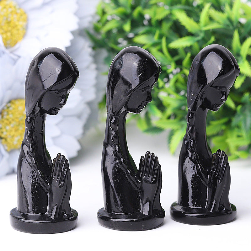 3 Zoll große Gebetskristallfigur aus schwarzem Obsidian