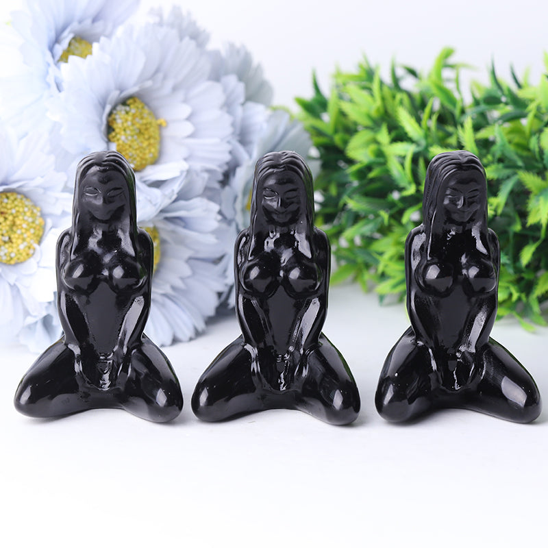 3 Zoll große Yoga-Lady-Kristallfigur aus schwarzem Obsidian