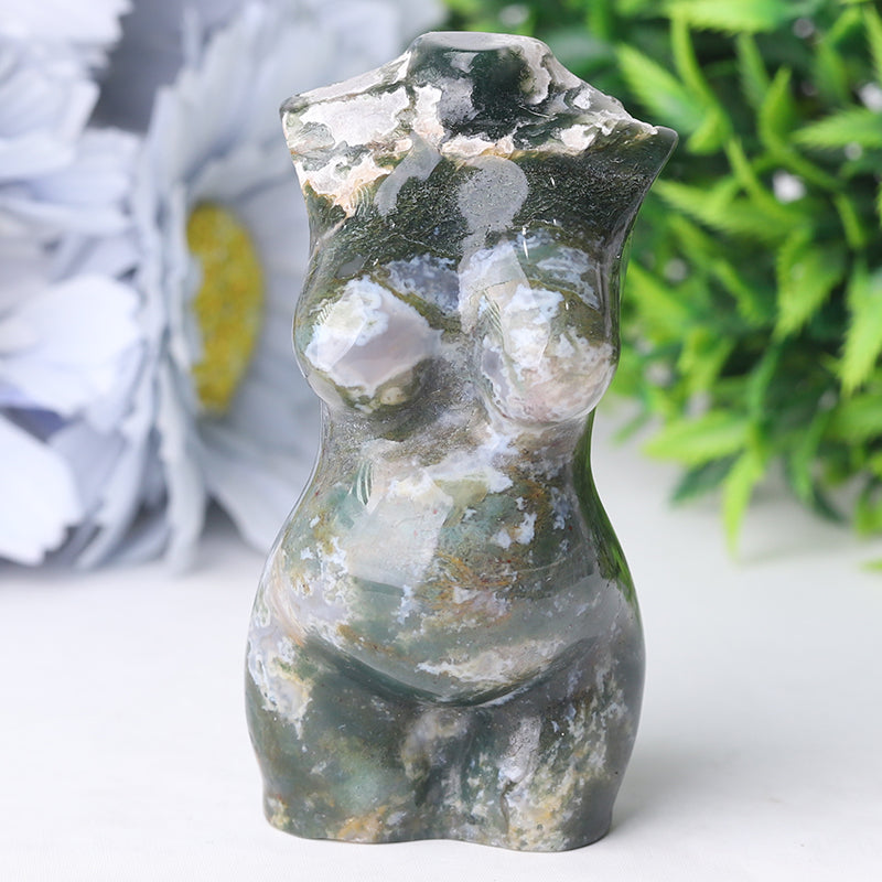 3-Zoll-Moosachat-Kristallfigur, geschnitzt zur Heilung