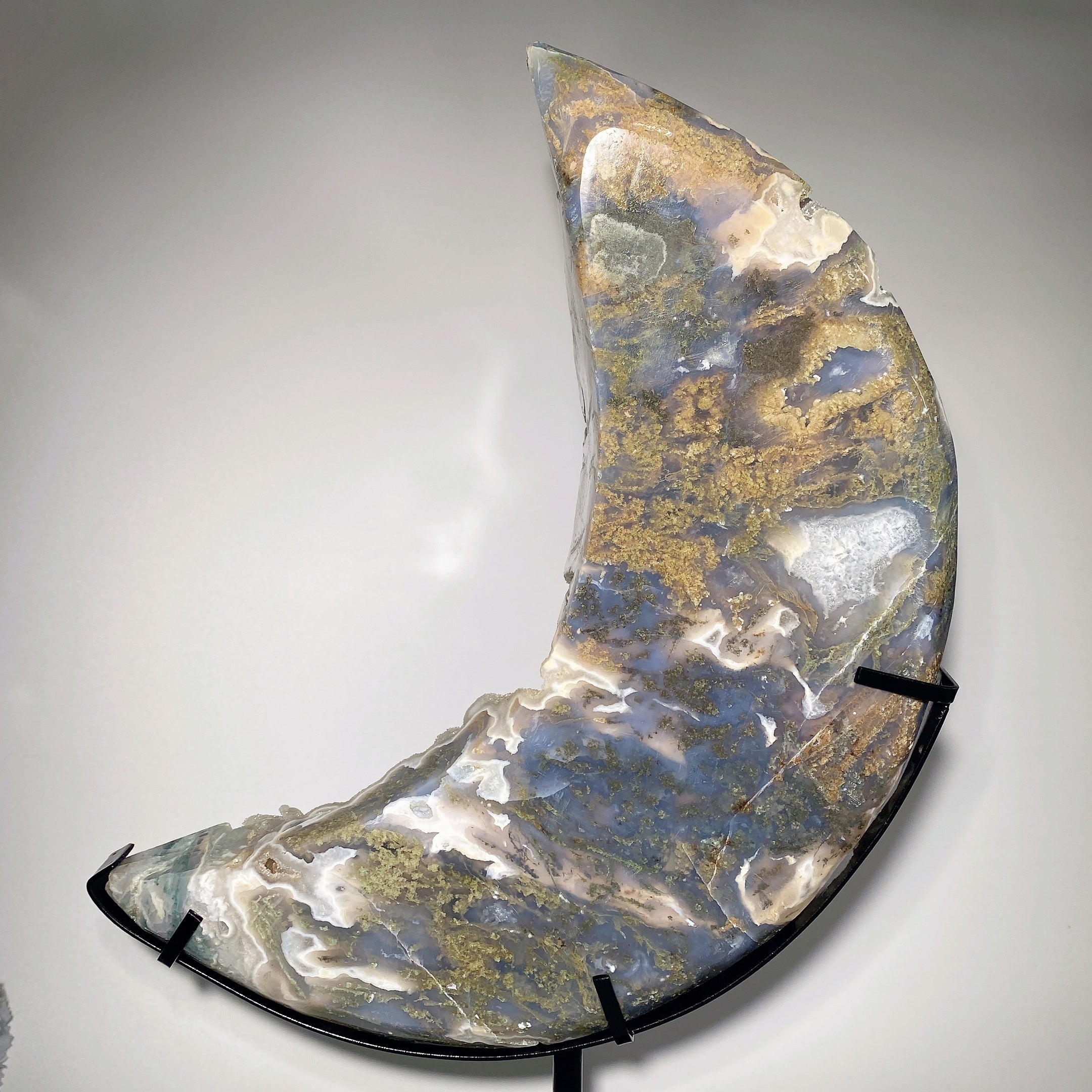 30 cm Druzy Moss Achat Mond Schnitzerei Kristallform für Heilung