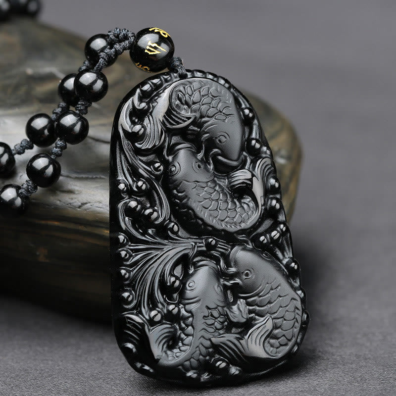Black Obsidian Koi Fish Strength Necklace Pendant