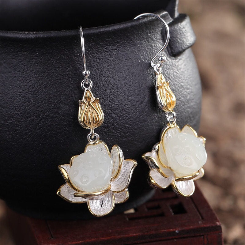 White Jade Protection Harmony Lotus Drop Earrings