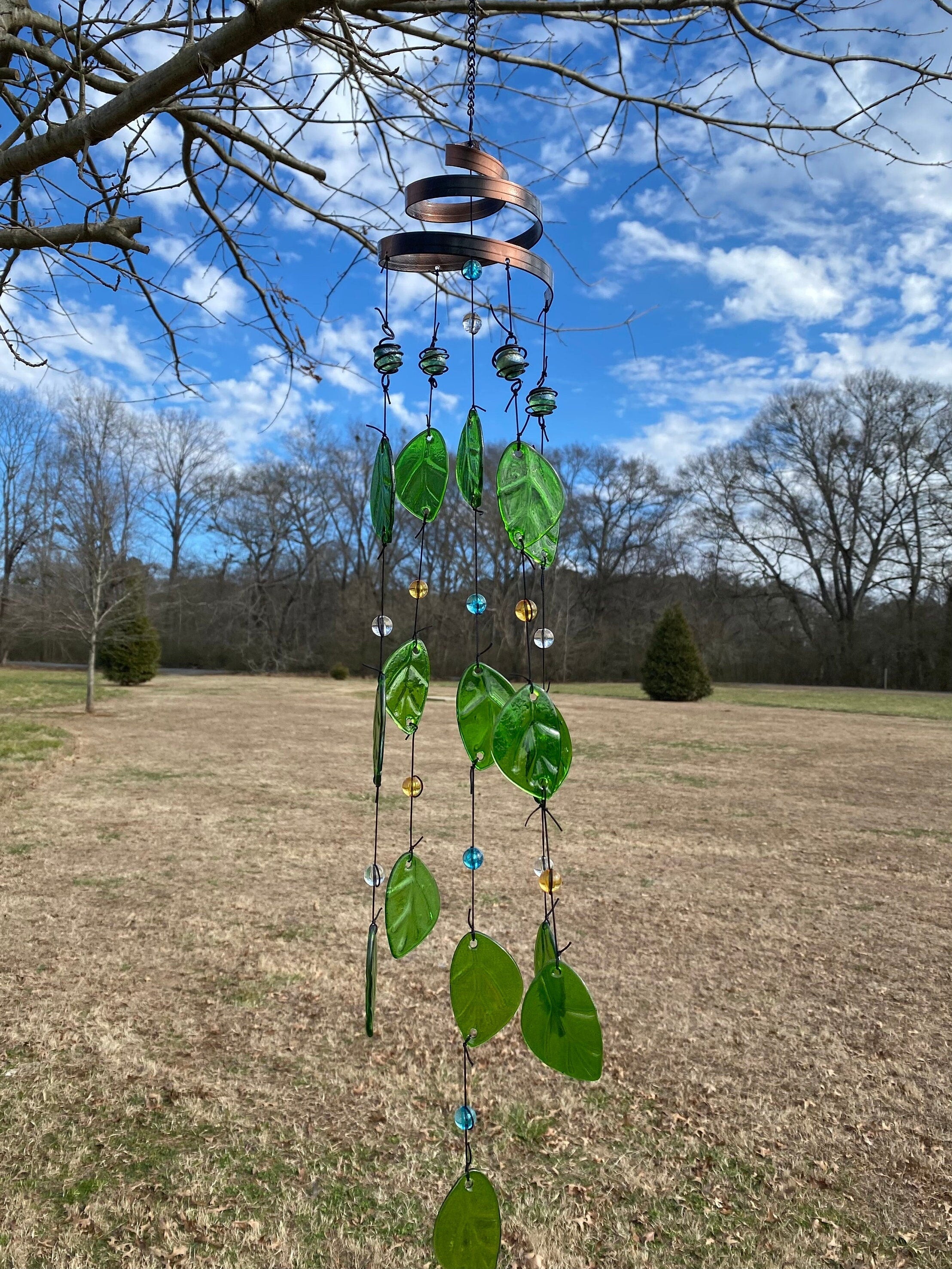 Handmade 32 Inch Glass Leaf Wind Chimes with Green Leaves and Blue Beads Decor