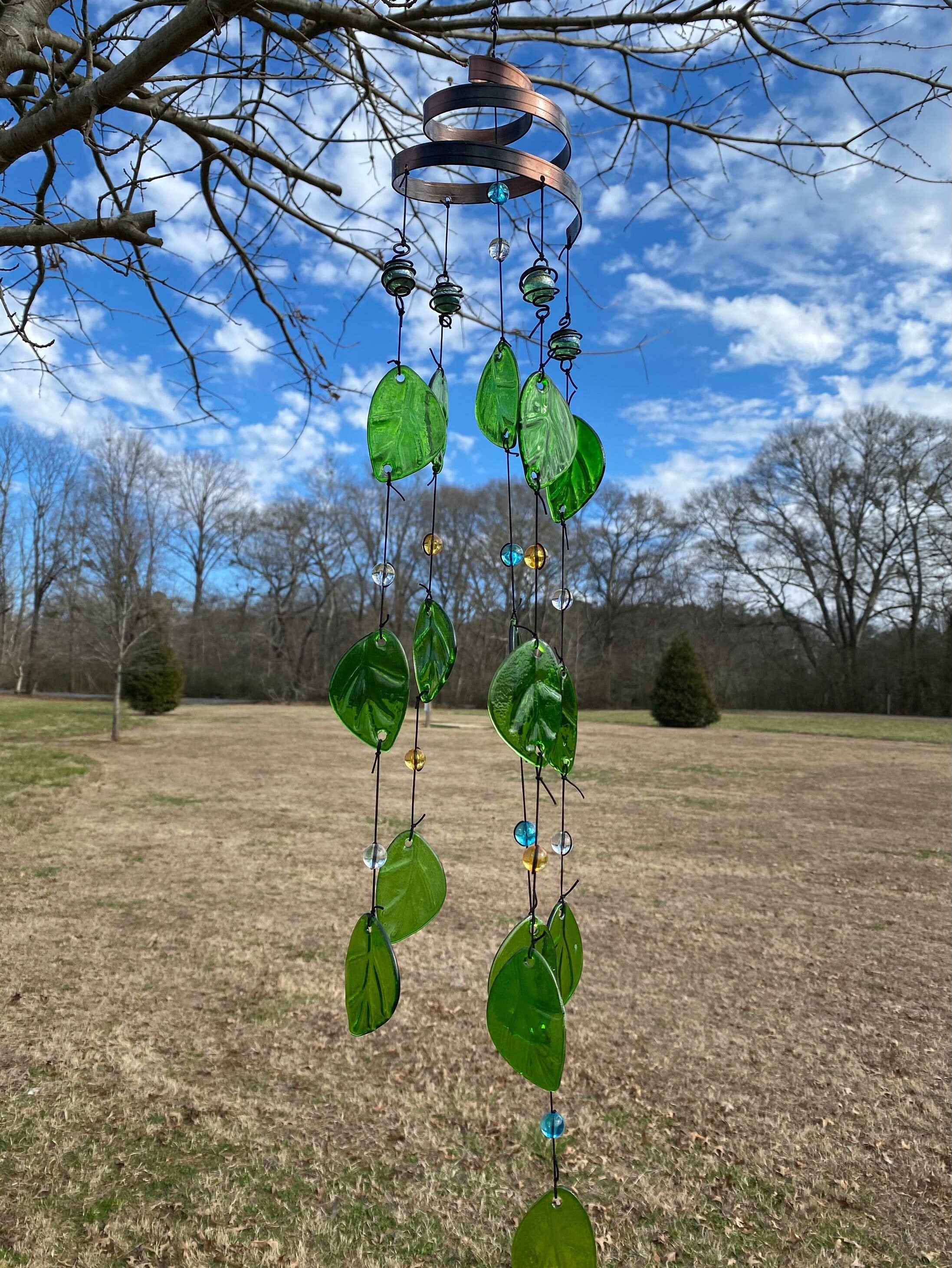 Handmade 32 inch Glass Leaf Wind Chimes with green leaves and blue beads hanging decoratively