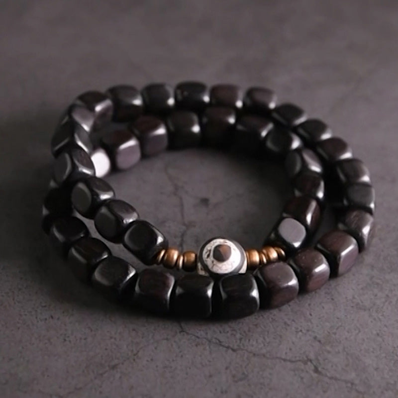 Ebony Wood Spiritual Peace Bracelet with Dzi Beads & Copper