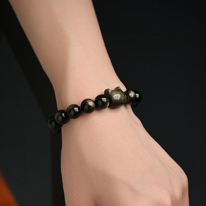 Gold Sheen Obsidian Lucky Cat Protection Bracelet 8mm