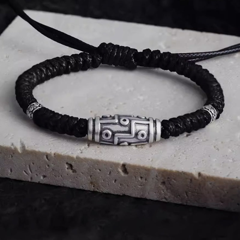 999 Sterling Silver Nine-Eye Dzi Bead Spiritual Protection Bracelet