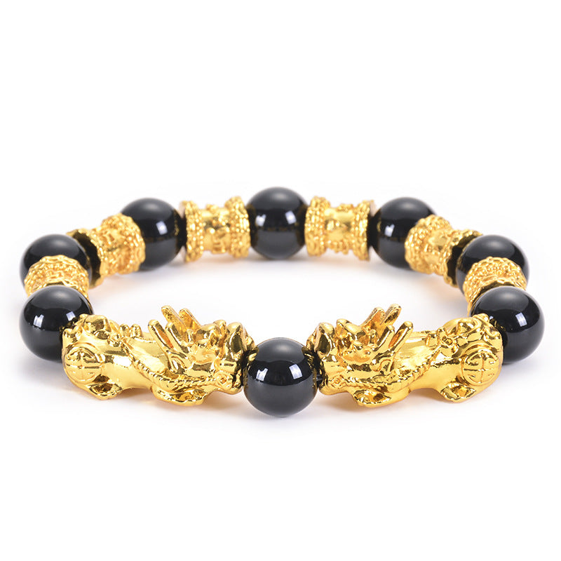 Unisex-Reichtumsarmband mit doppeltem Pixiu-Obsidian, 12 mm