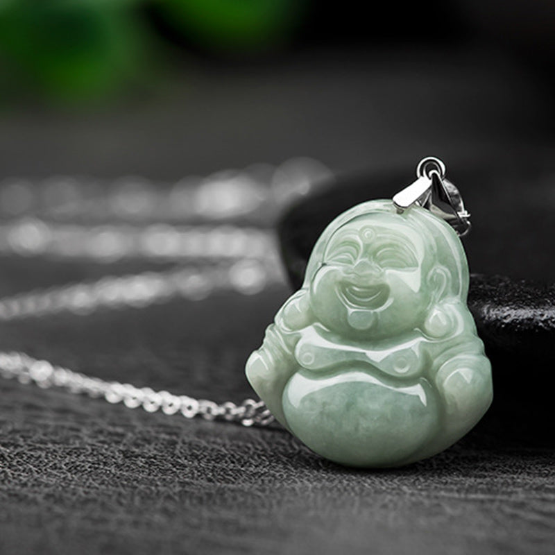 Halskette „Lachender Buddha“ aus 925er Sterlingsilber mit Jade für Wohlstand