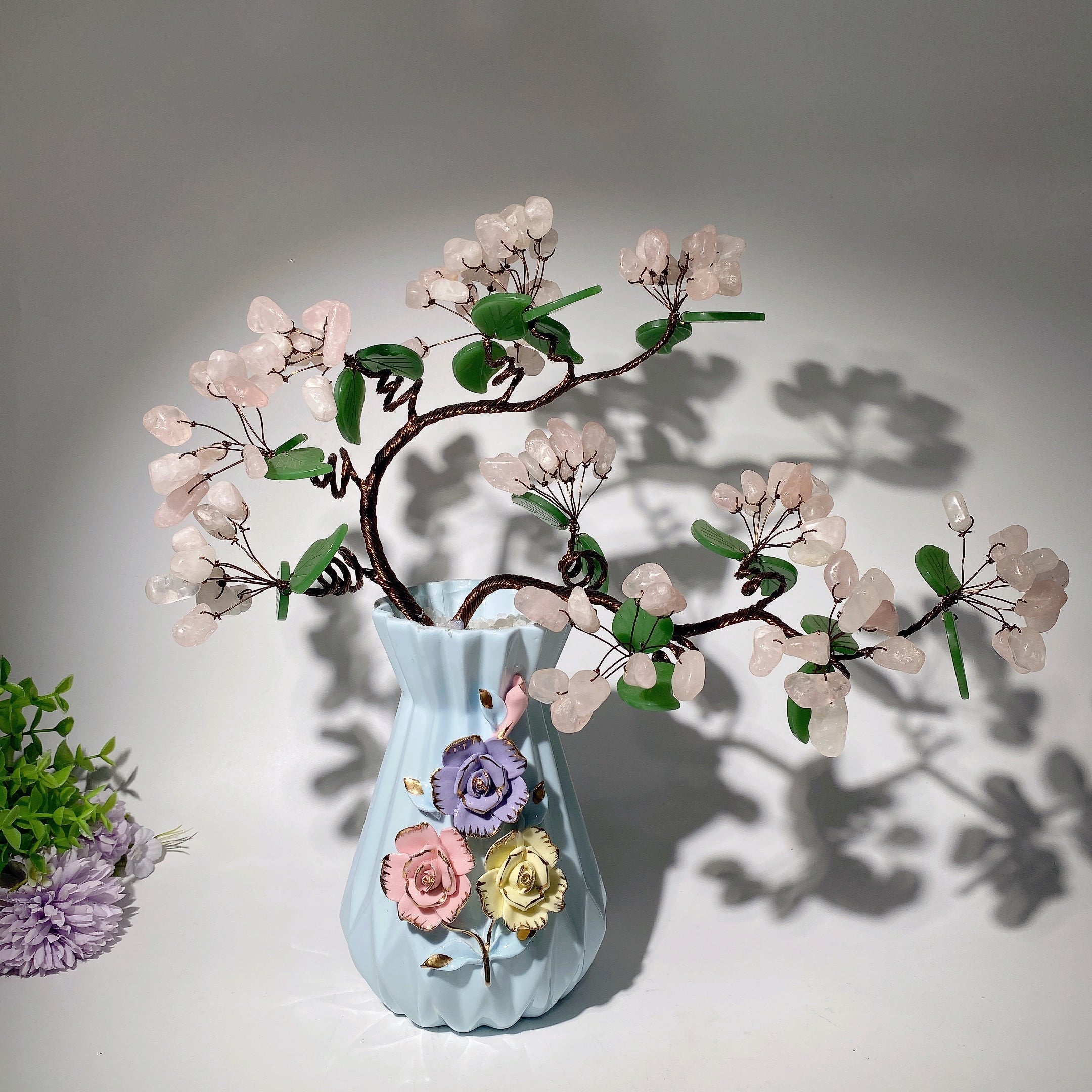 35cm Ceramic Vase with Rose Quartz Flower | Zen Decor