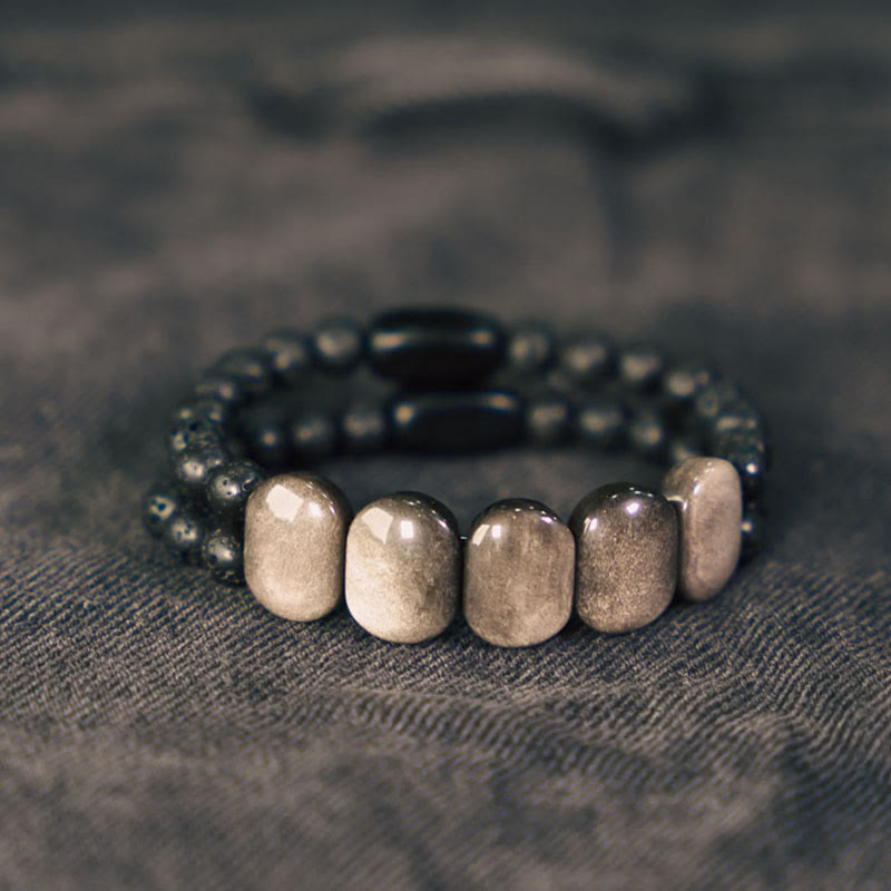 Silver Sheen Obsidian Lava Rock Communication Bracelet 16cm