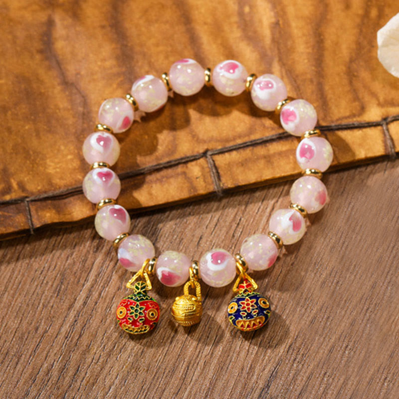 Luminous Pink Love Heart Spiritual Bracelet with Gold Swallowing Beast