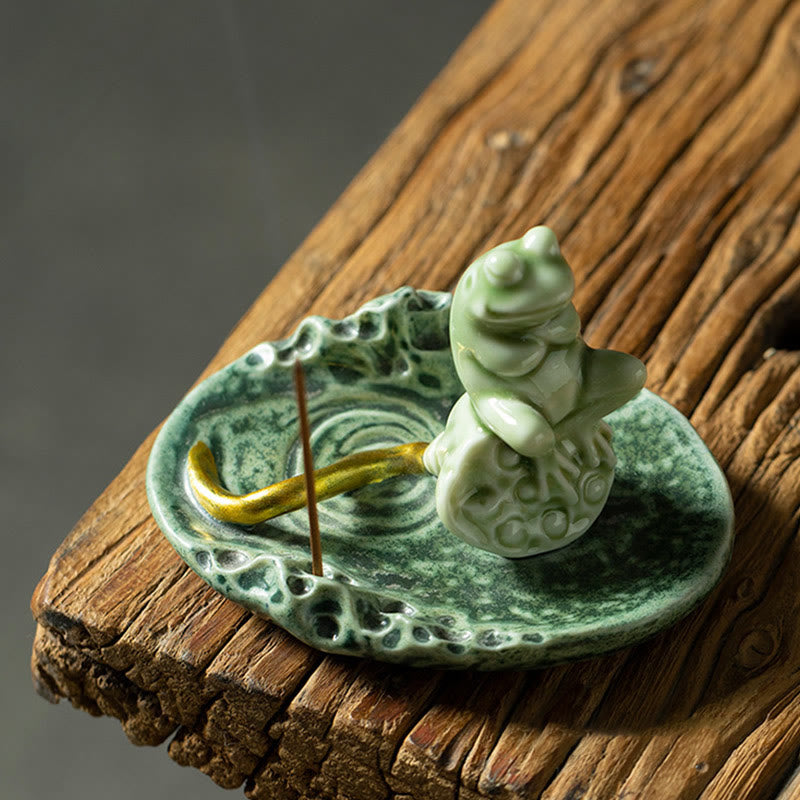 Ceramic Incense Burner | Lotus Leaf Meditation Frog 11cm
