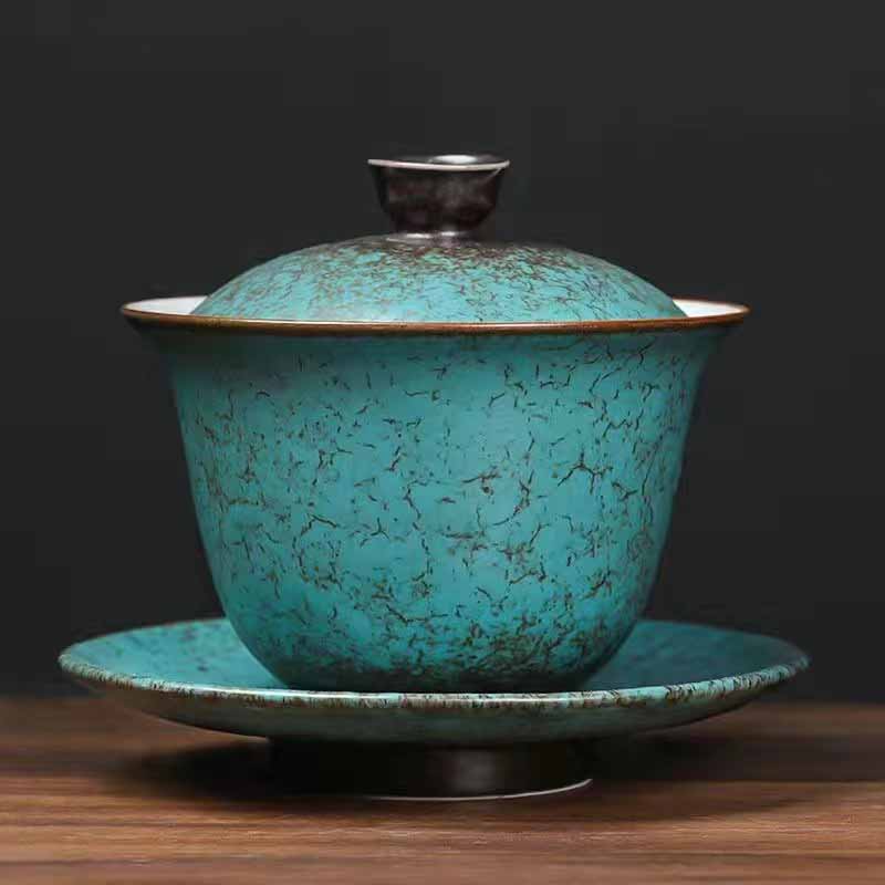 Traditional Pine Tree Green Ceramic Gaiwan Teacup | 150ml | Zen Decor