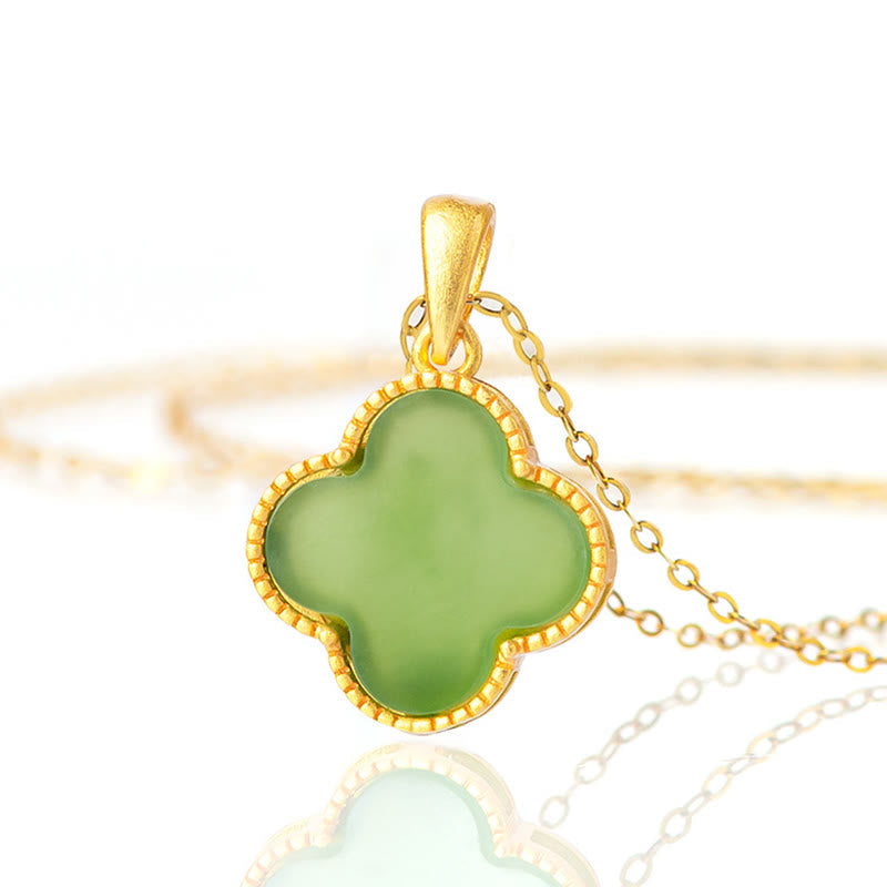 925 Sterling Silver Hetian Jade Luck Four Leaf Clover Necklace