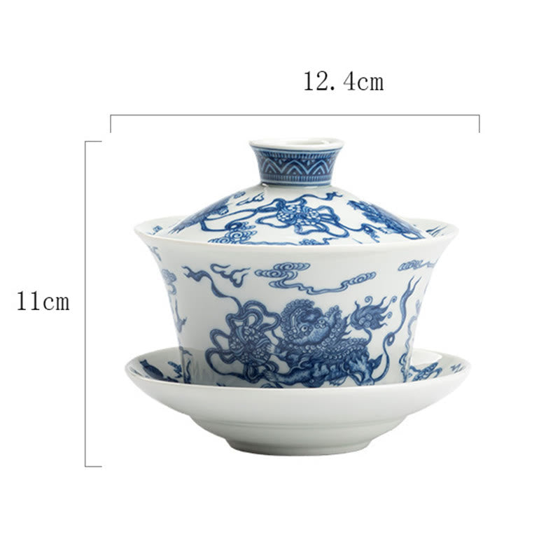 Löwentanz-Keramik-Gaiwan-Teetasse 300 ml mit Deckel und Untertasse