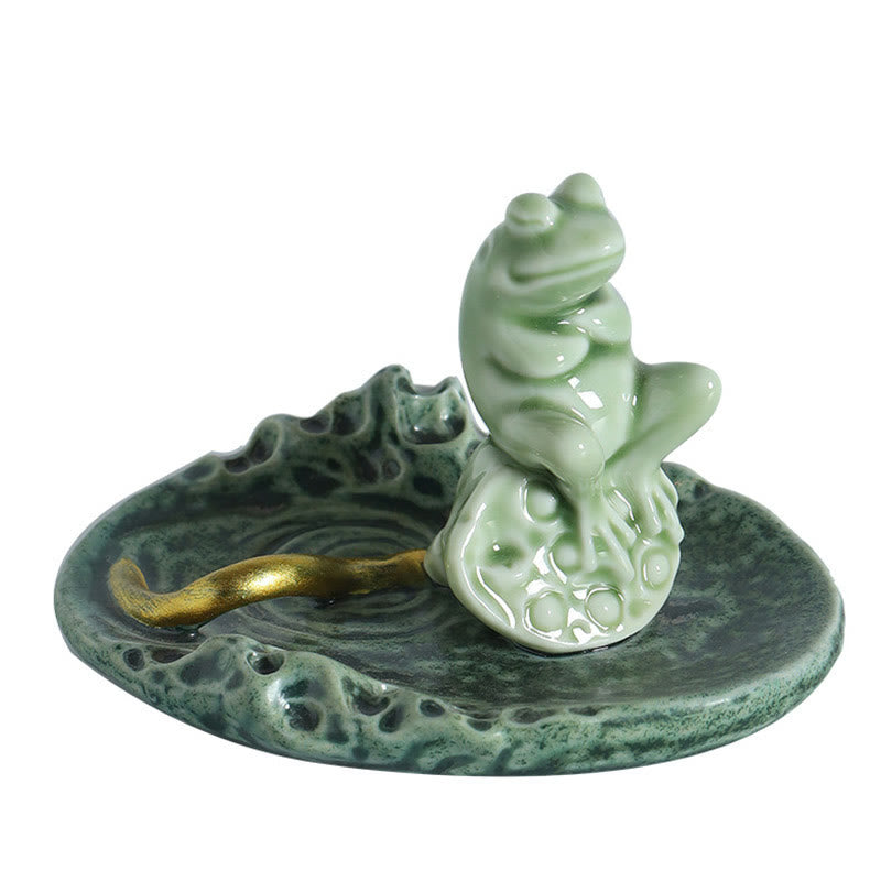 Ceramic Incense Burner | Lotus Leaf Meditation Frog 11cm