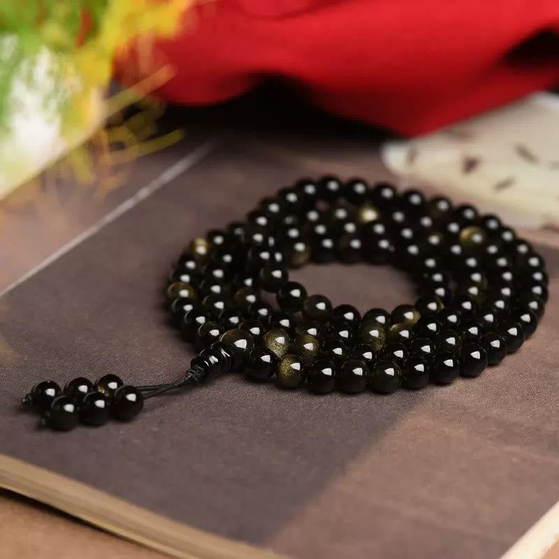 Goldschimmerndes Obsidian-Reichtums-Mala-Armband mit 108 Perlen
