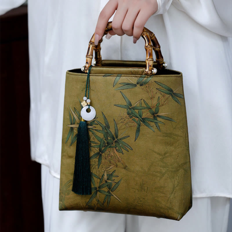 Handtasche mit Bambusblättern, Schmetterlings-Koi-Fisch und Jadegriffen