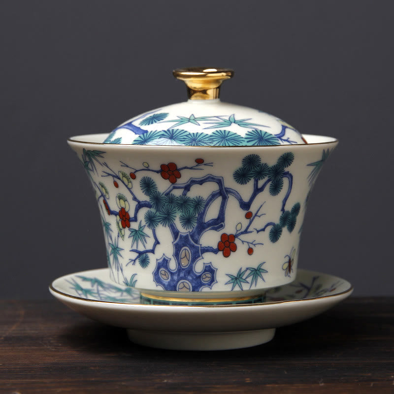 Keramik-Gaiwan-Sancai-Teetasse, 190 ml, mit Zen-Dekor-Kunst