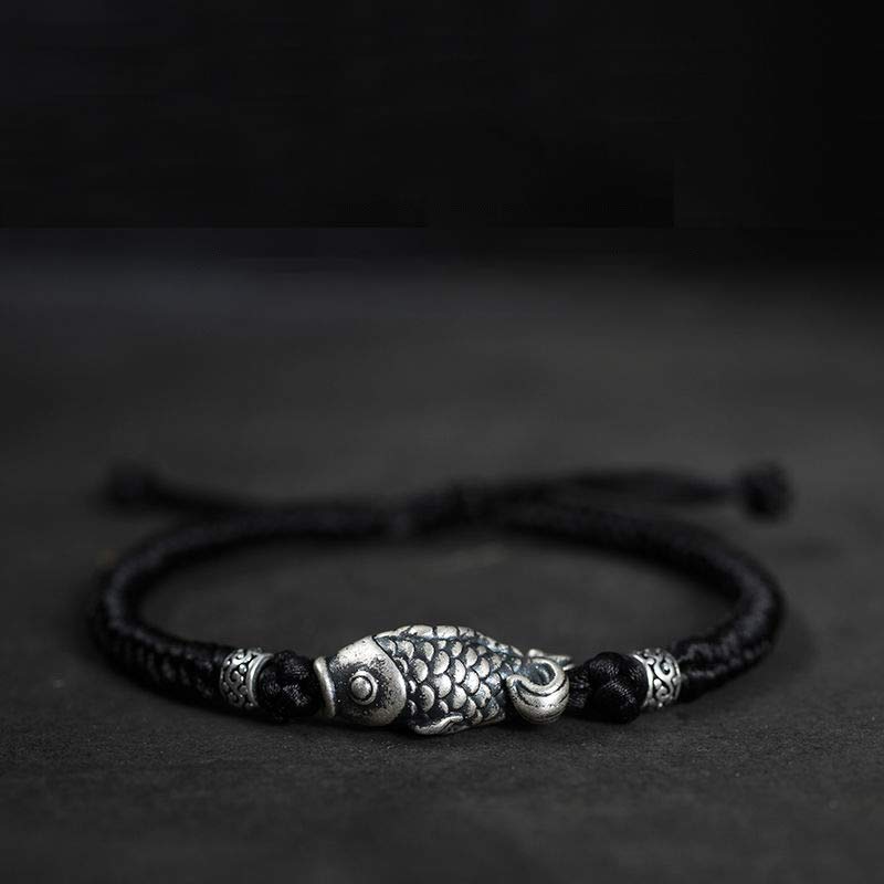 Sterling Silver Koi Fish Bracelet with Red Braided String