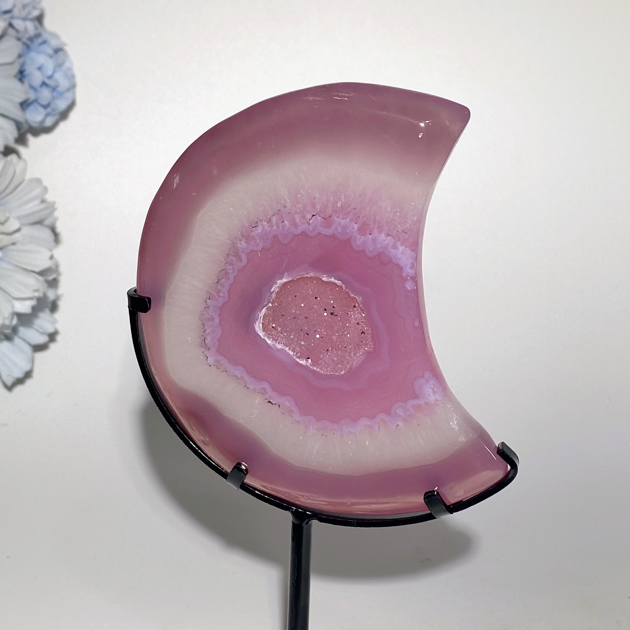 4,5" Druzy Pink Achat Mondkristall mit Ständer zur Heilung