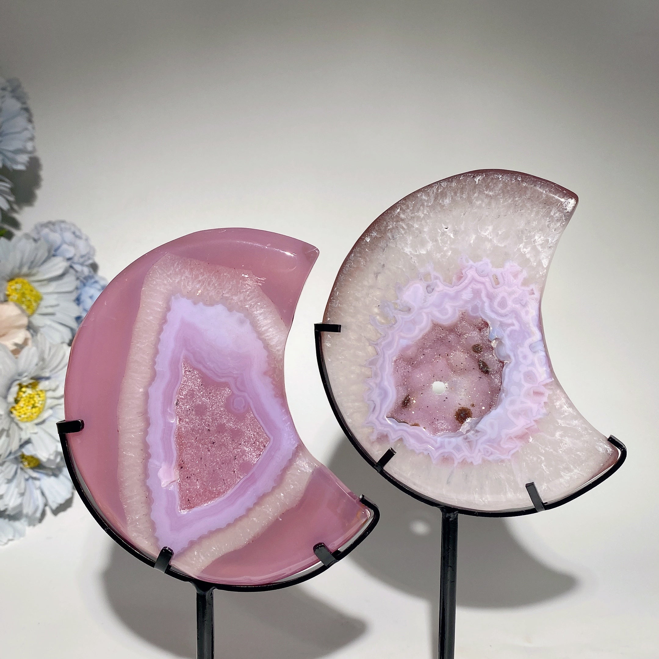 4,5" Druzy Pink Achat Mondkristall mit Ständer zur Heilung