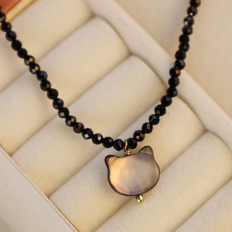 Schwarze Spinell-Halskette mit Katzenmotiv, 38 cm