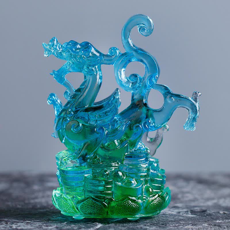 Handgefertigte azurblaue Drache-Liuli-Feng-Shui-Statue, 11 cm