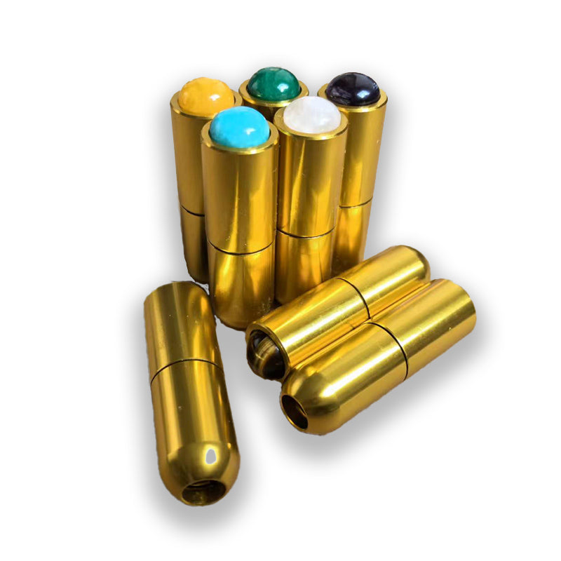 Gold-colored metal inhalers with colored caps for 432 Hz & 528 Hz Tuning Fork Set