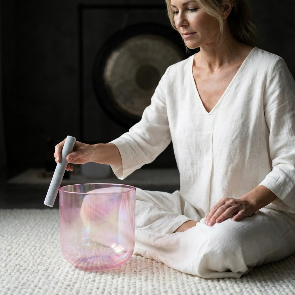 432 Hz Alchemy Cosmic Light Klangschale aus klarem rosa Kristall mit Tasche