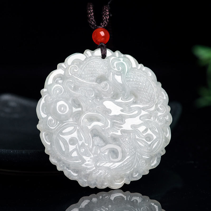 White Jade Dragon Necklace 49mm Protection Pendant