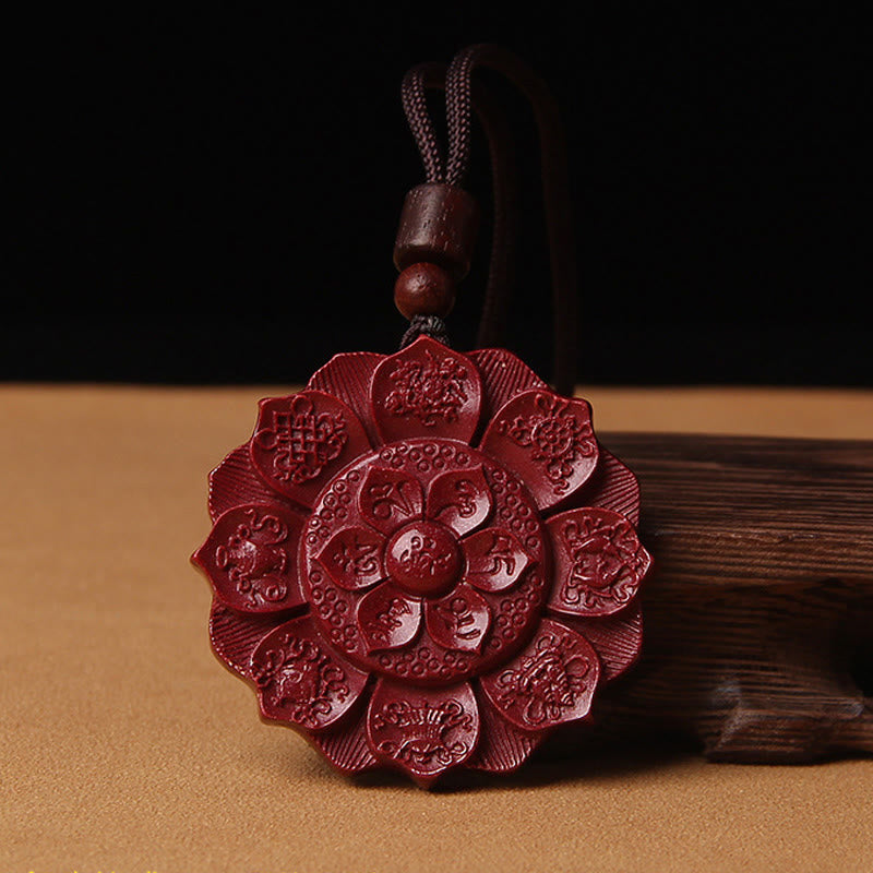 Natural Cinnabar Lotus Om Mani Padme Hum Pendant Necklace | Protection