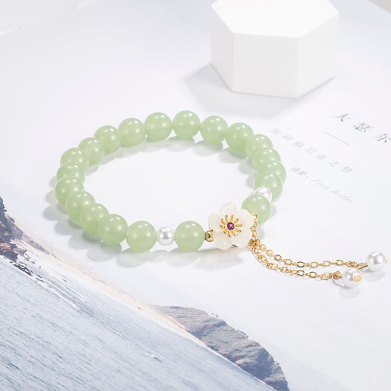 Jade Pearl Luck & Blessing Bracelet with Peach Blossom Flower