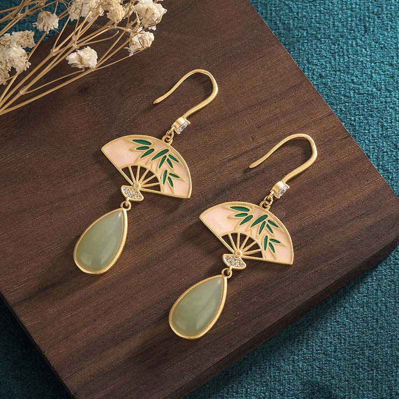Green Aventurine Luck Drop Earrings | Fan Pattern Design