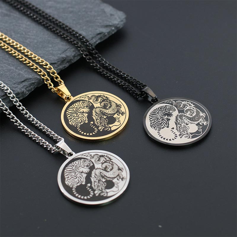 Titanium Steel Dragon Necklace with Tiger Dragon Harmony Pendant