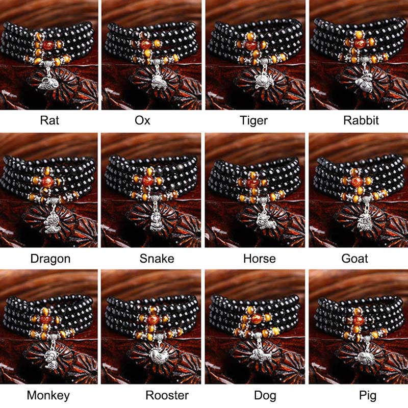 Armband mit 108 Perlen aus schwarzem Obsidian und Tigerauge, chinesisches Sternzeichen